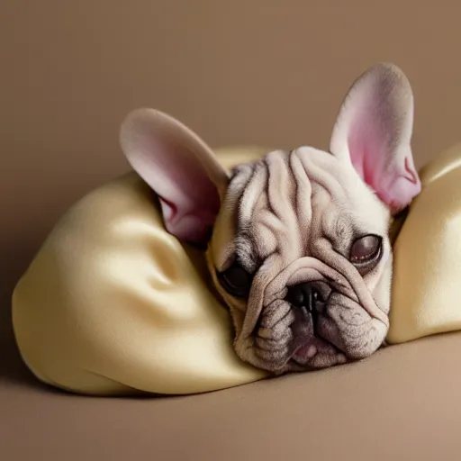Prompt: anne geddes portrait of sleeping french bulldog puppy, cute face, squish pupper, wrinkly skin, award winning photo, silk taffeta, soft lighting, soft pastel palette, ultra realism, soft focus, cuddles