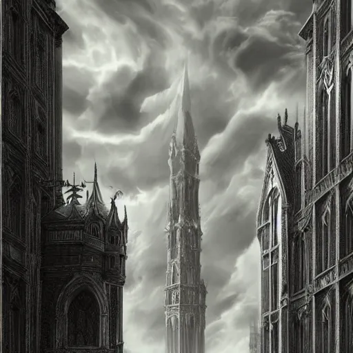 Image similar to an ultra detailed black and white tarot card of a lonely and impossibly tall ominous gothic dark tower elevated high above the city, in a river elevated high above the city, fantasy capital city, ultrawide lense, aerial photography, volumetric lighting, exquisite detail, 8 k, art by greg rutkowski and alphonse mucha