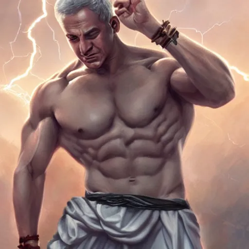 Image similar to benjamin netanyahu as a buff greek god of lightning, shooting lightning bolts from hands, highly detailed, ultra clear, by artgerm and greg rutkowski