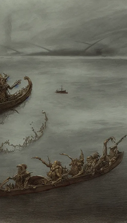 Image similar to man on boat crossing a body of water in hell with creatures in the water, sea of souls, by john howe