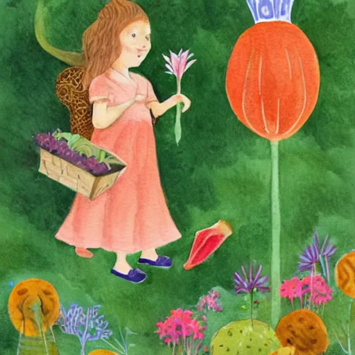 Image similar to “a prince and a gardener flying on a giant carrot, above a forest and princesses kingdom, childrens book illustration, pencil and watercolour”