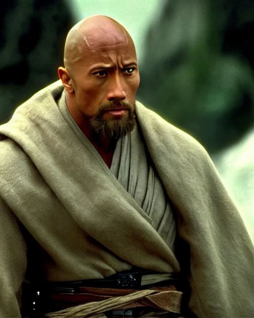 Image similar to Film still close-up shot of Dwayne Johnson as Obi-Wan Kenobi from the movie Return of the Jedi. Photographic, photography