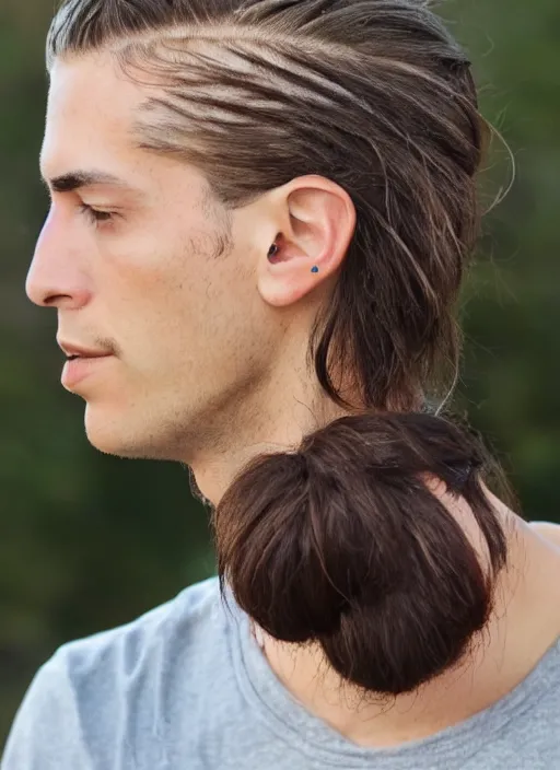 Image similar to a skinny young white male with a dark brown man bun for hair