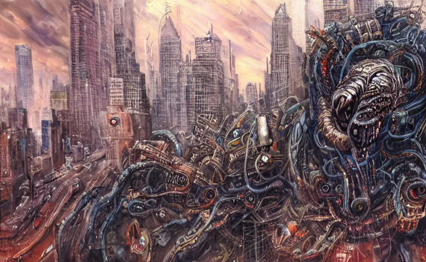 Image similar to an oil painting of biopunk aether monster that consumes new york city in style of lovecraftian horror by simon bisley