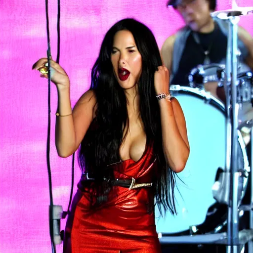 Image similar to a fully dressed Olivia Munn as a rock singer in a live concert.