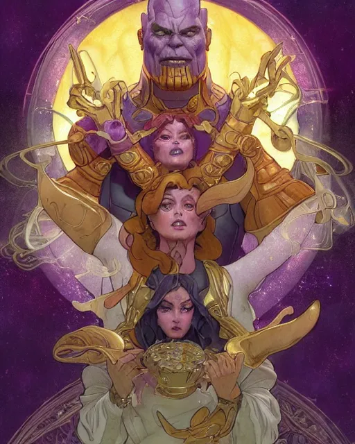 Image similar to thanos using the infinity stones to summon fried eggs, highly detailed, gold filigree, romantic storybook fantasy, soft cinematic lighting, award, disney concept art watercolor illustration by mandy jurgens and alphonse mucha and alena aenami, pastel color palette, featured on artstation