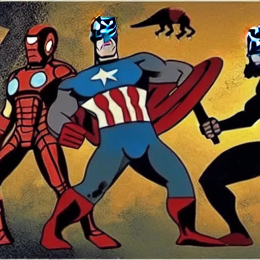 Image similar to a prehistoric cave painting of the avengers battling thanos