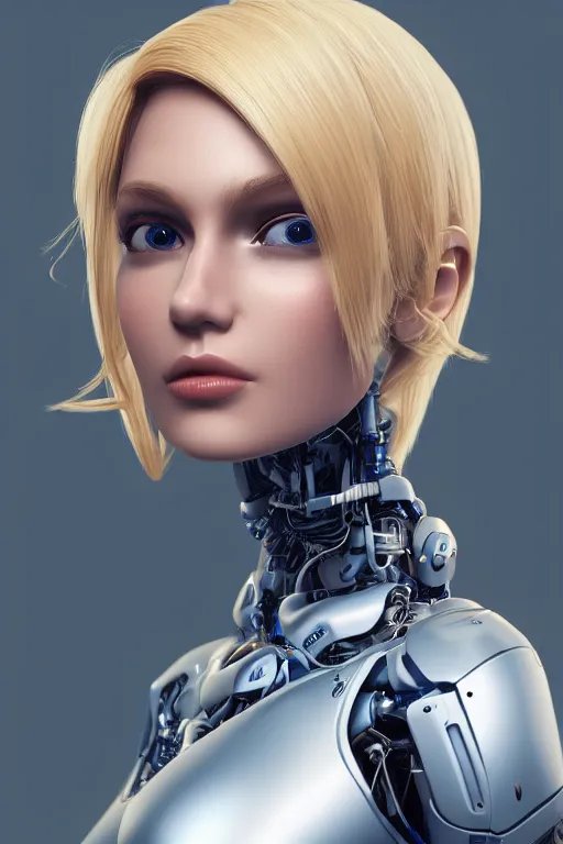 Image similar to a beautiful woman with blonde hair wearing robot suit with wires and light, highly detailed, photorealistic, artstation, smooth