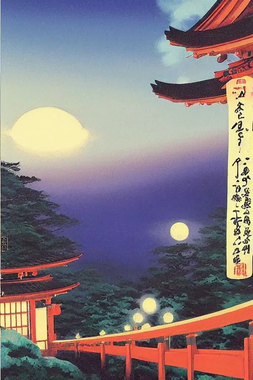 Prompt: a traditional Japanese quite Torii on a mountain, dark,night , MOON IN SKY, DARK BLUE SCHEME, by studio ghibli painting, clouds, wide angle , low-angle shot, by Joaquin Sorolla rhads Leyendecker, by Ohara Koson and Thomas Kinkade, traditional Japanese colors, superior quality, masterpiece