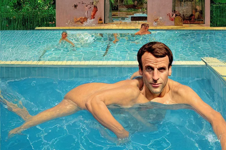 Image similar to emmanuel macron underwater swimming in a pool in california house, wearing small speedo, water is shimmering, by david hockney, peter doig, lucien freud, francis bacon, bouguereau, norman rockwell, pop surrealism