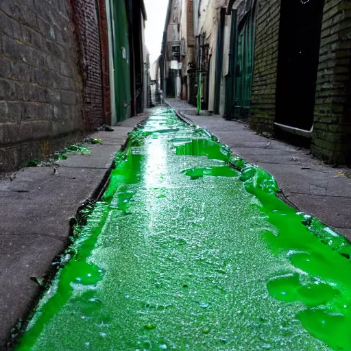 Image similar to a sticky puddle of green luminous goop on the pavement in a back alley