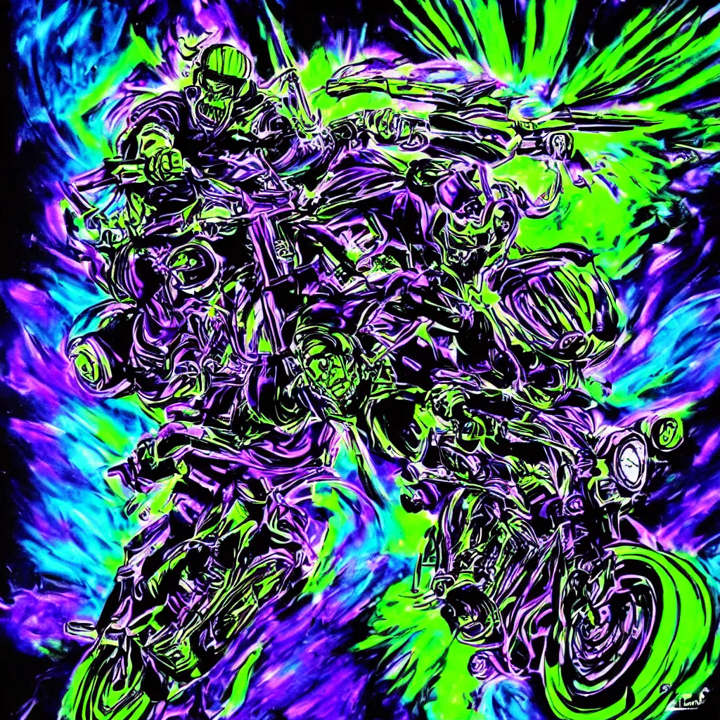 Prompt: psychedelic blacklight airbrush artwork, hyper stylized action shot of an orc biker riding a motorcycle, airbrushed on a black background