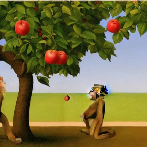 Image similar to an apple tree throwing apples at a monkey by Raphael, Hopper, and Rene Magritte. detailed, romantic, enchanting, trending on artstation.