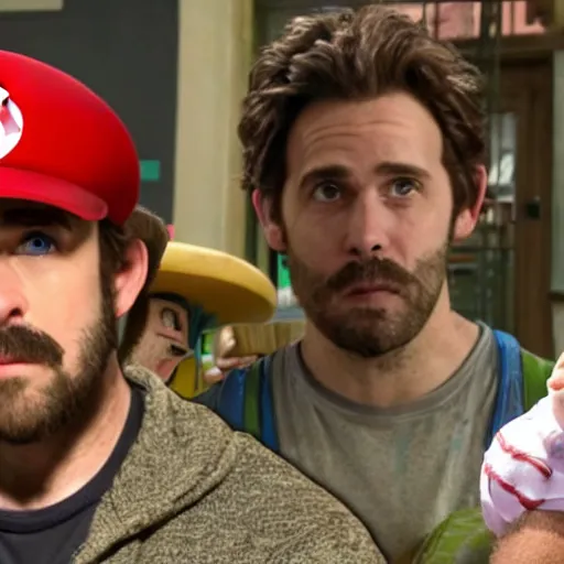 Prompt: real - life - supermario as rickety cricket, it's always sunny in philadelphia, 8 k