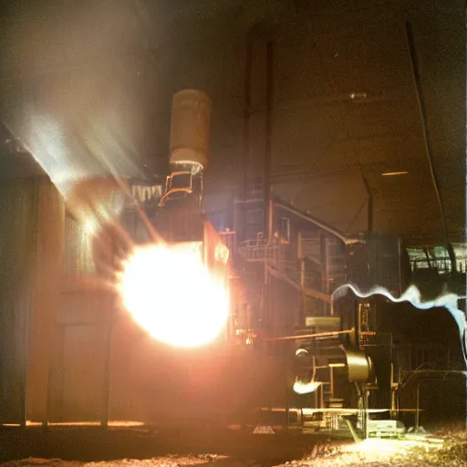 Image similar to 35mm photo Kodak hazy metal factory molten metal glowing emissive volumetric lighting IMG_1362.JPG