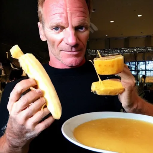 Prompt: sting the singer eating a banana creme brule ( dont ask )