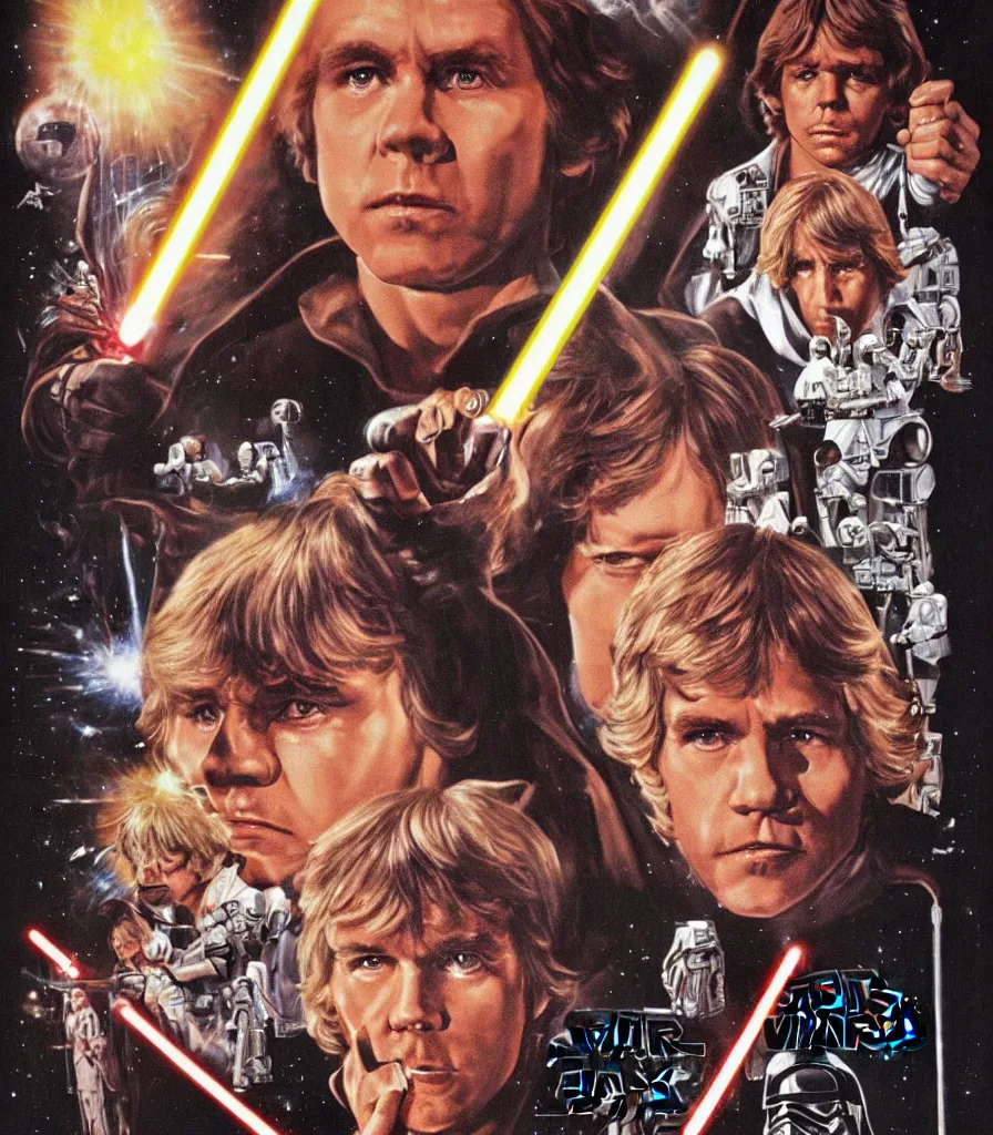 Image similar to vintage 1 9 7 7 star wars episode iv a new hope movie poster, of luke skywalker with bloodshot eyes smoking a huge blunt, surrounded by cannabis plants