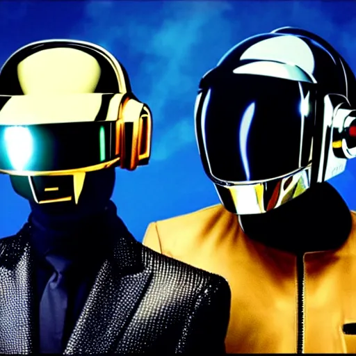 Image similar to Daft Punk duo near each other standing above a spaceship in space, seen from far away, realistic, high quality