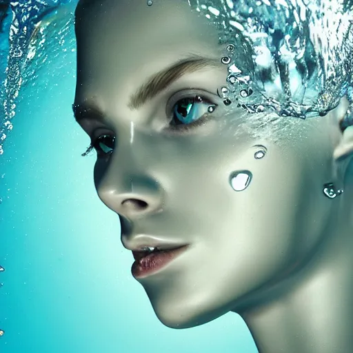 Image similar to water artwork manipulation in the shape of a human head, on the ocean water, ray tracing, realistic water sharp focus, long shot, 8 k resolution, cinematic, amazing water art