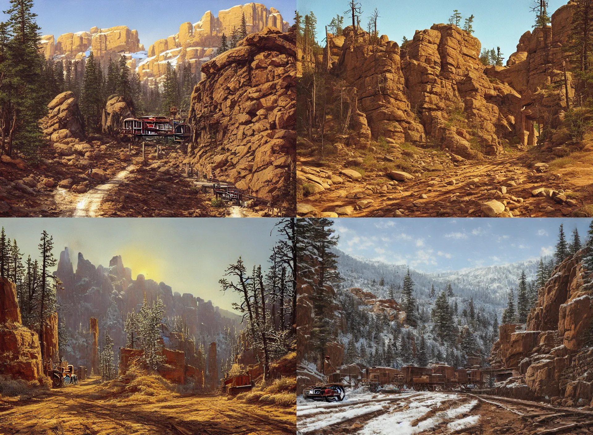 Prompt: entrance to wild west mine, rail tracks lead from the mine, a mine cart sits on the tracks, mine cart, sheer cliffs surround the scene, high elevation, sparse pine forest, dusting of snow, rock arches, long shadows, golden hour, wide angle, oil painting, albert bierdstadt