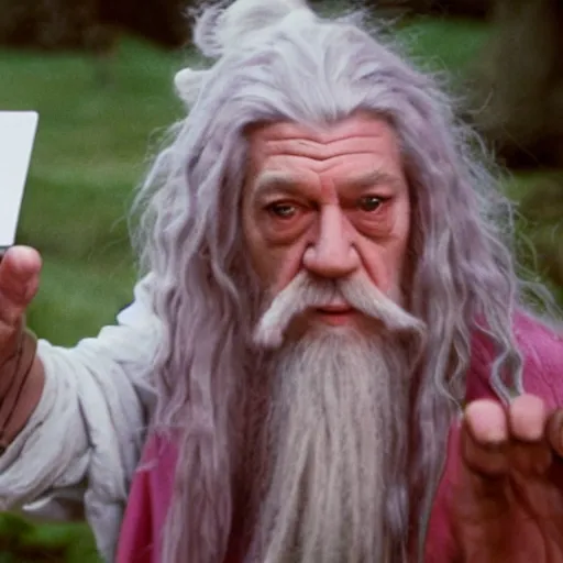 Prompt: portrait of gandalf, pink bowtie in his long white hair, holding a blank playing card up to the camera, movie still from the lord of the rings