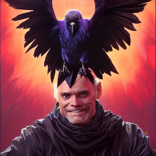 Image similar to jim carrey controlling evil ravens, demonic, evil, satanic, intricate, highly detailed, digital painting, artstation, concept art, smooth, sharp focus, illustration, unreal engine 5, 8 k, art by artgerm and greg rutkowski and alphonse mucha