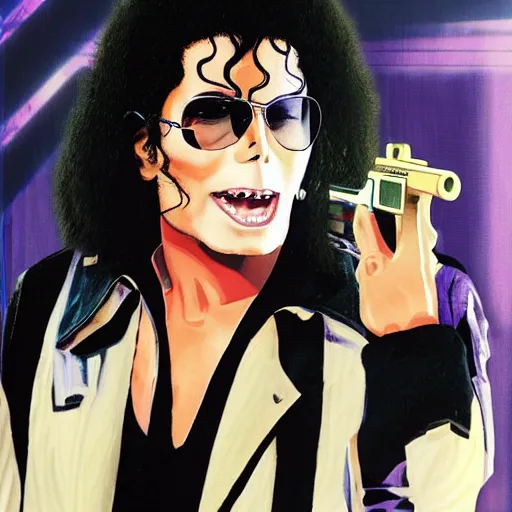 Image similar to Michael Jackson with a gun at a vaporwave themed place