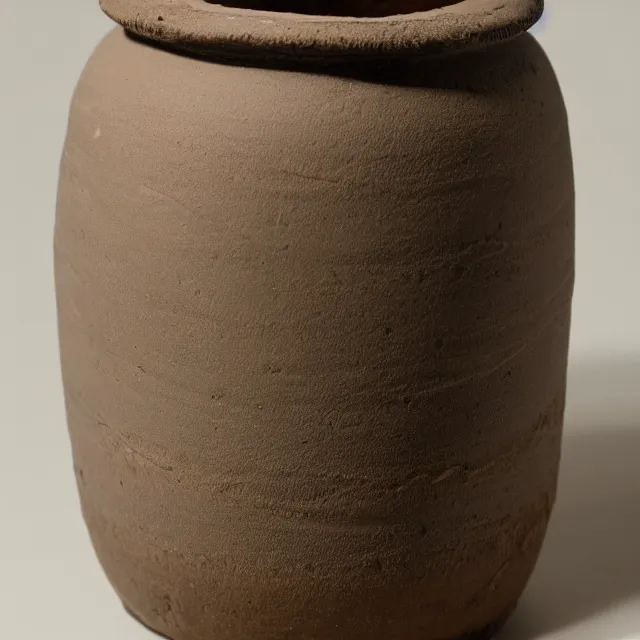 Prompt: a photo of a cylindrical clay jar with two sentences of thamudic, dark, brooding, atmospheric, volume lighting
