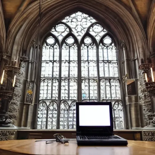 Prompt: Photo of a computer in Hogwarts Great Hall