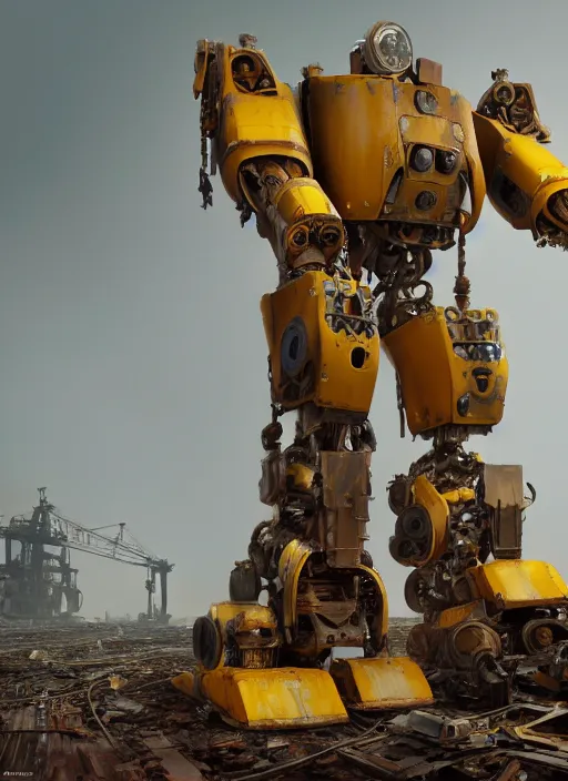 Image similar to a rusty old yellow colored big humanoid mech robot is helping out workers at chittagong ship breaking yard, matte painting, 8 k, artstation, octane, low camera angle, cinematic composition