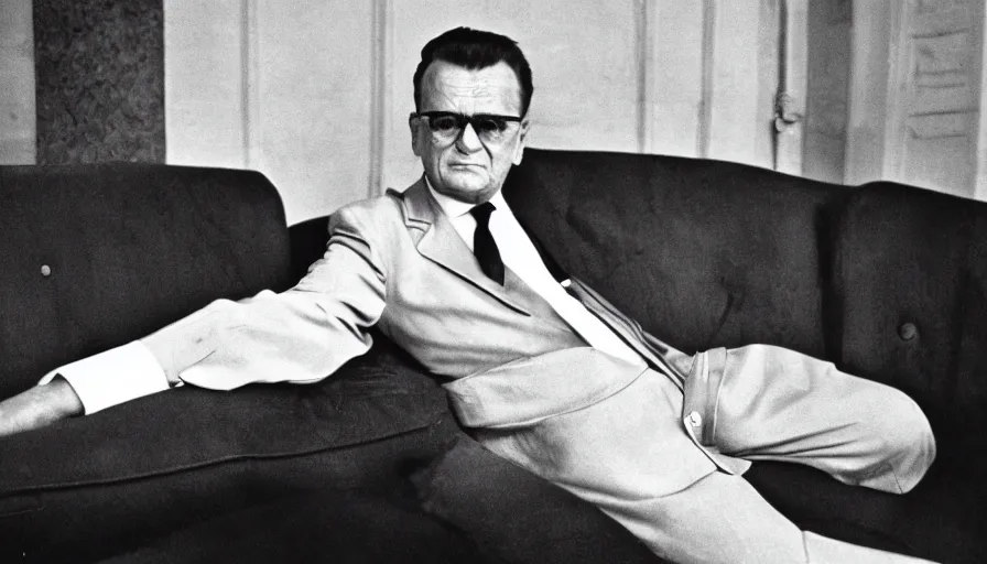 Prompt: 60s movie still portrait of Josip Broz Tito sitting in a sofa, cinestill 800t 35mm black and white, cinematic, very detailed, skin texture, high quality