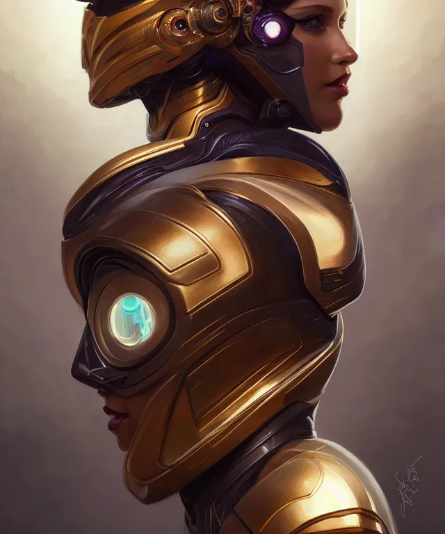 Image similar to futuristic woman in helmet portrait, sci-fi, amber eyes, face, long hair, fantasy, intricate, elegant, highly detailed, digital painting, artstation, concept art, smooth, sharp focus, illustration, art by artgerm and greg rutkowski and alphonse mucha