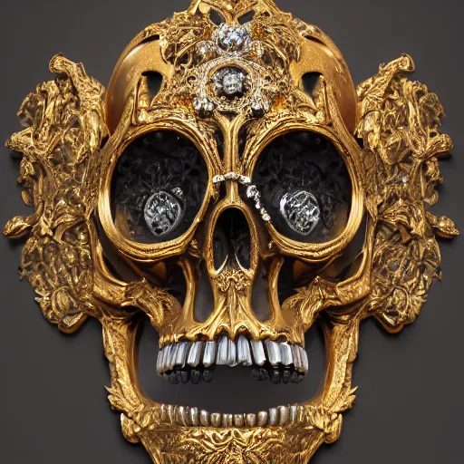 Image similar to a portrait of a beautiful ornate and intricate rococo skull with silver and gold details and diamonds inside a rococo frame, 4k, octane render, vray, unreal engine, photorealistic