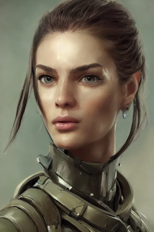 Image similar to a professionally painted portrait of an attractive young woman, clothed in military armor, olive skin, long dark hair, beautiful bone structure, symmetrical facial features, intricate, elegant, digital painting, trending on Artstation, concept art, smooth, sharp focus, illustration, from Metal Gear by Ruan Jia and Mandy Jurgens and Artgerm and William-Adolphe Bouguerea, award winning