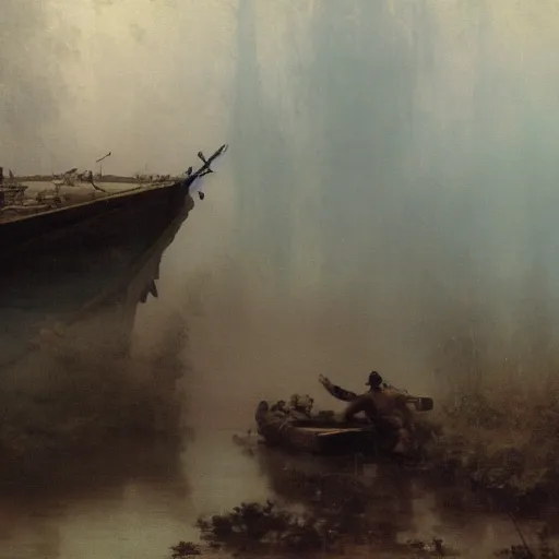 Prompt: wide jungle river army patrol boat tail of a crashed plane in the water ancient statues on the river banks, moody ambience, fog, smoke, dramatic, oil painting by repin, mucha, zorn, 4 k, trending on artstation