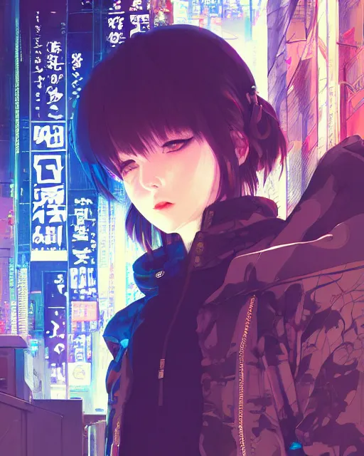 Image similar to kyoto animation, cool girl wearing cyberpunk intricate streetwear, beautiful, detailed portrait, cell shaded, 4 k, concept art, by wlop, ilya kuvshinov, artgerm, krenz cushart, greg rutkowski, pixiv. cinematic dramatic atmosphere, sharp focus, volumetric lighting, cinematic lighting, studio quality