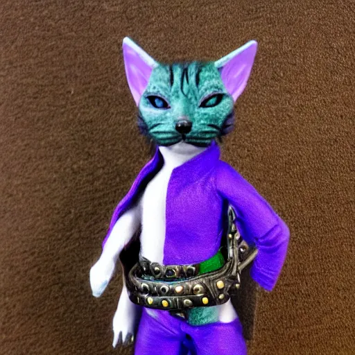 Image similar to d & d style, upper body portrait, tabaxi male, wearing studded leather, one eye green the other purple.