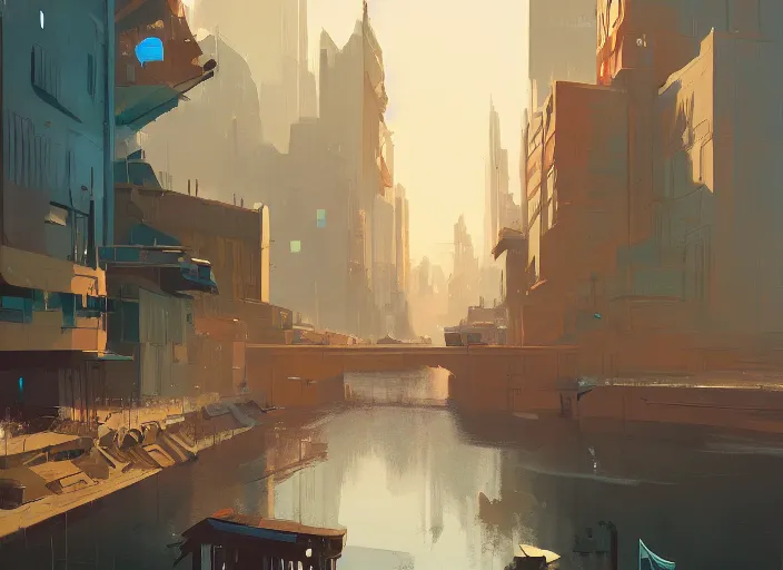 Image similar to painting of a city with a river running through it, concept art by atey ghailan, artstation contest winner, concept art, artstation hq, 2 d game art