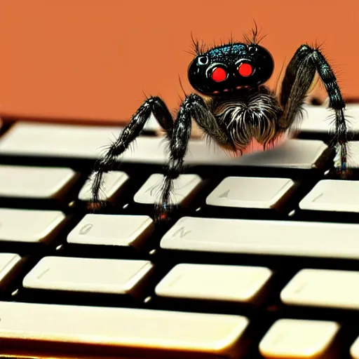 Image similar to a jumping spider pressing his tiny keyboard keys, by pixar, macro lens, iridescent, character concept art grid