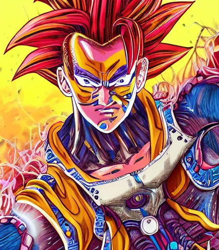 Prompt: hyper detailed comic illustration of a Raypunk anime Goku, markings on his face, by by Android Jones intricate details, bright vibrant colors , solid background, low angle fish eye lens