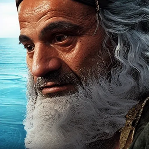 Prompt: Mediterranean man as Moses in a movie directed by Christopher Nolan, movie still frame, promotional image, imax 70 mm footage