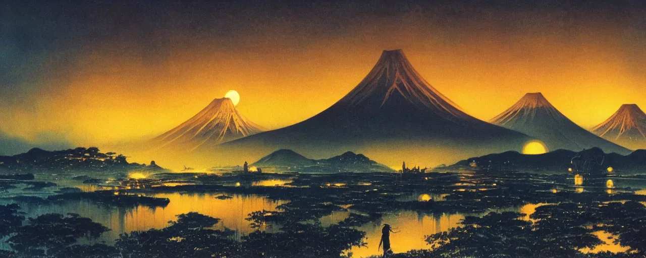 Image similar to awe inspiring bruce pennington landscape, digital art painting of 1 9 6 0 s, japan at night, 4 k, 8 k, detailed