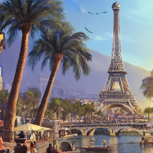 Image similar to the beautiful city of paris rebuilt near the pacific ocean in sunny california, amazing weather, sandy beach, palm trees, splendid haussmann architecture, digital painting, highly detailed, intricate, concept art, matte painting, trending on artstation