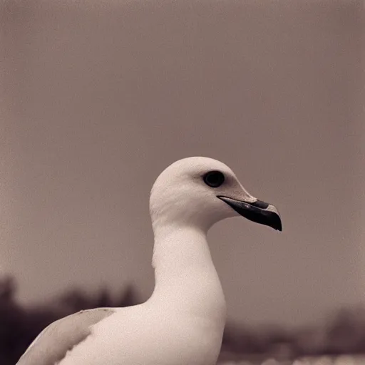 Prompt: portrait, extreme close up, sepia, beautiful light - iconic photo of seagull smoking cigarette, stares at the camera, night sky, stars, bruce gilden, leica s, fuji 8 0 0, grainy, low light