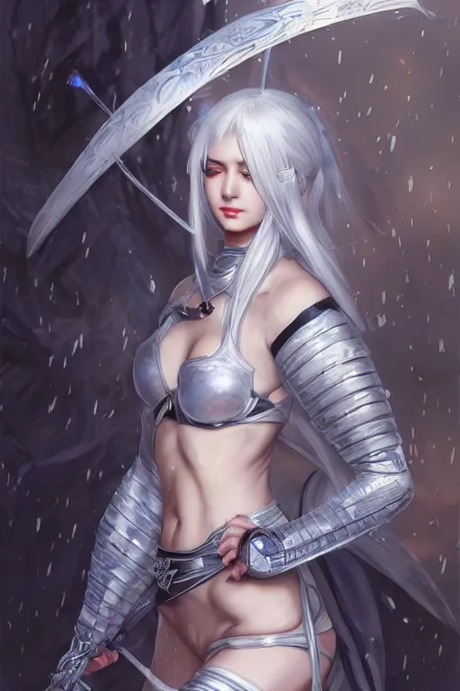 Image similar to portrait white hair Ninja gaiden girl, armored white and blue ninja wardrobe, in ruin japanese rainny temple night, ssci-fi and fantasy, intricate and very very beautiful and elegant, highly detailed, digital painting, artstation, concept art, smooth and sharp focus, illustration, art by tian zi and WLOP and alphonse mucha