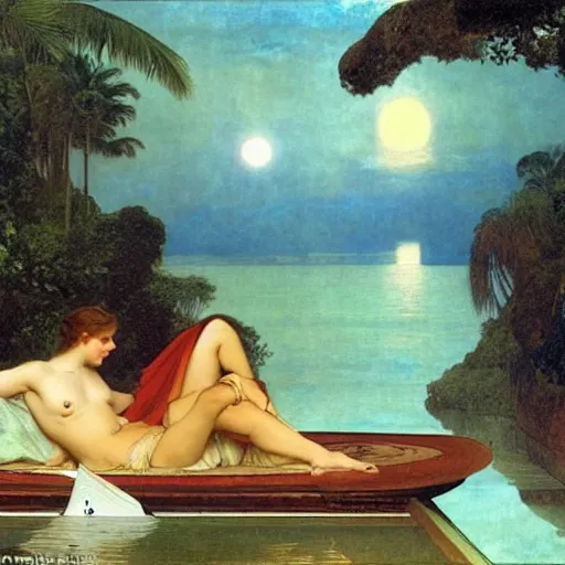 Image similar to Floating palace, moon reflecting on the water, thunderstorm, greek pool, beach and Tropical vegetation on the background major arcana sky, by paul delaroche, alphonse mucha and arnold böcklin, hyperrealistic 8k, award-winning, very very very detailed