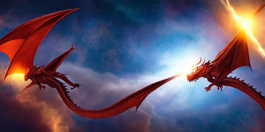 Prompt: photo of dragon in space, beautiful light, sharp focus, elegant, cinematic, higlhy detailed, 8 k, photorealistic