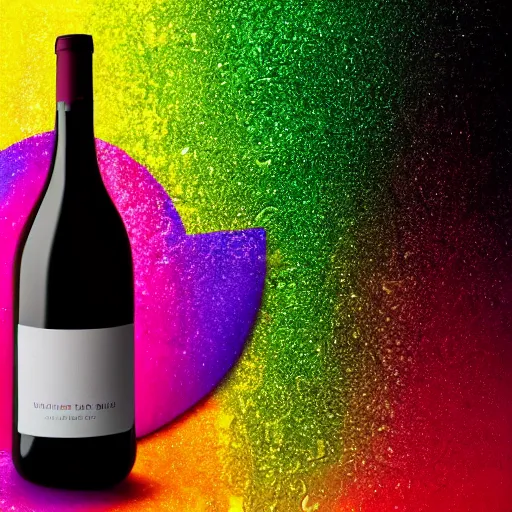 Image similar to wine surrounded by artistic rainbow bubbles in front of a black background