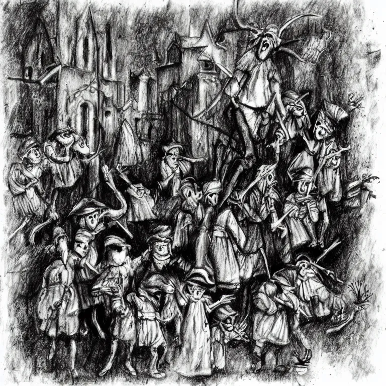 Image similar to a drawing in the style of stephen gammell of the pied piper of hamelin leading rats