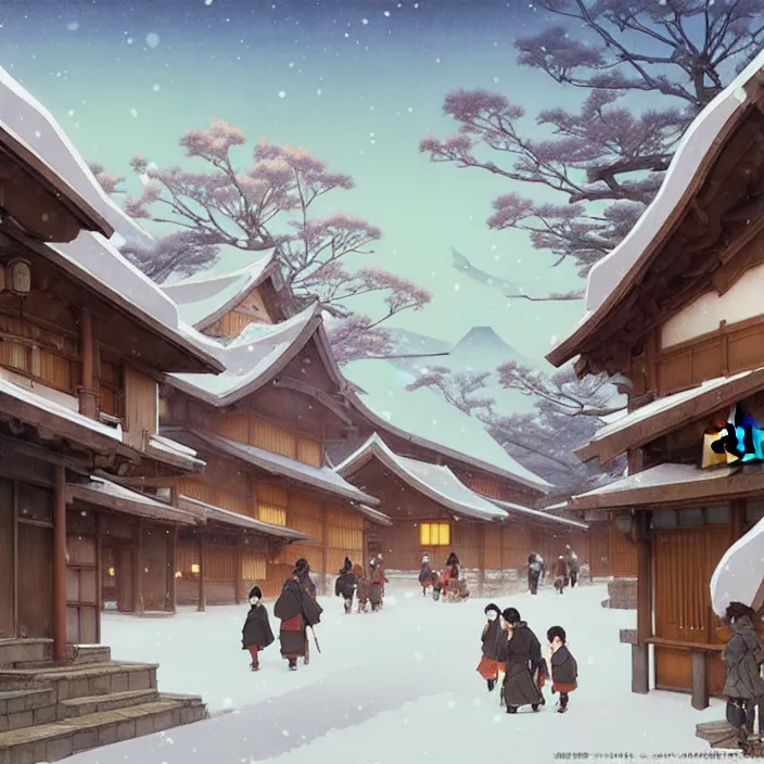 Image similar to japanese rural town, winter, in the style of studio ghibli, j. c. leyendecker, greg rutkowski, artem